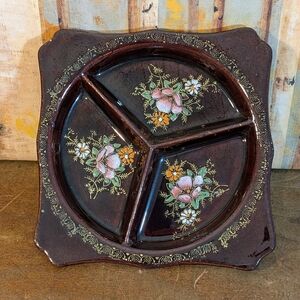 Vintage Redware Divided Plate Hand Painted Japan 1960's.
